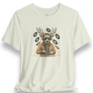 Deer DJ Graphic T-Shirt with bold vinyl record EDM artwork, perfect streetwear tee for rave outfits and electronic music fans.