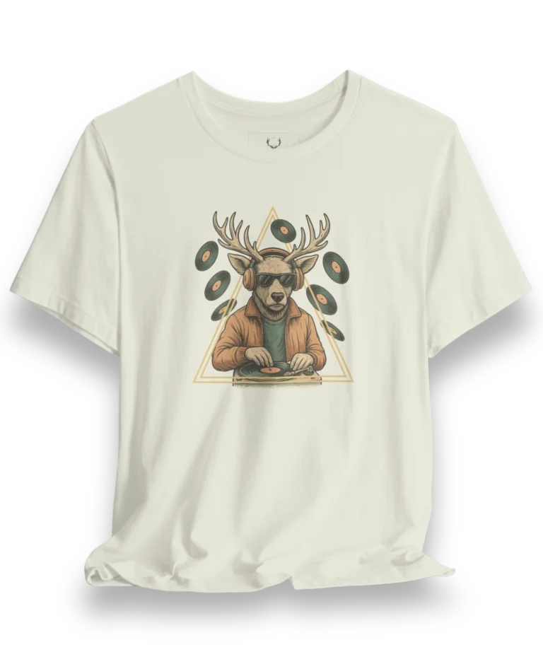 Deer DJ Graphic T-Shirt with bold vinyl record EDM artwork, perfect streetwear tee for rave outfits and electronic music fans.