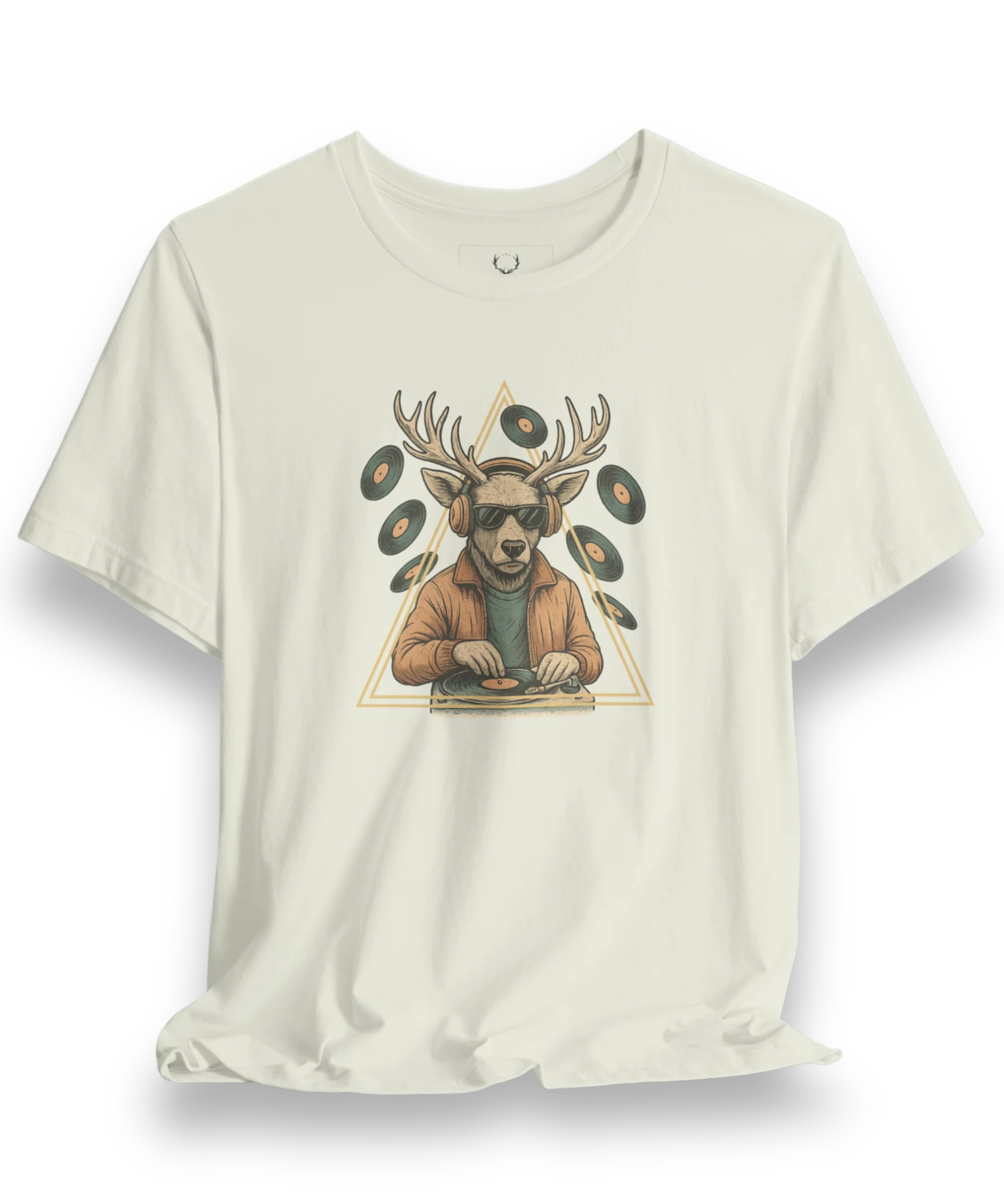 Deer DJ Graphic T-Shirt with bold vinyl record EDM artwork, perfect streetwear tee for rave outfits and electronic music fans.