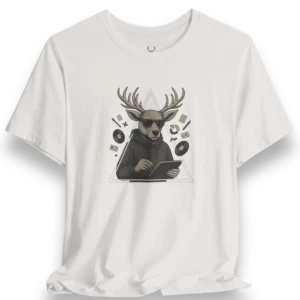 High-quality front view of the Designer Deer Graphic Tee featuring a creative deer artwork in a hoodie, designed for artists and urban streetwear fans.
