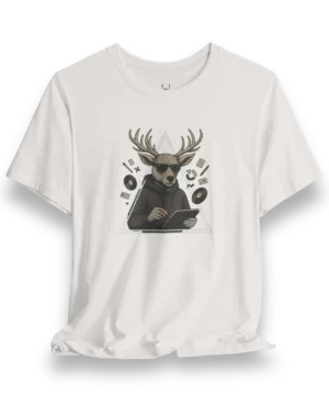 High-quality front view of the Designer Deer Graphic Tee featuring a creative deer artwork in a hoodie, designed for artists and urban streetwear fans.