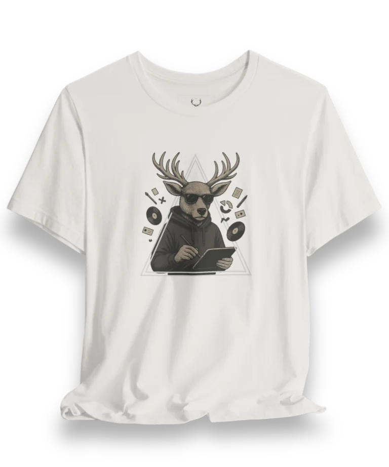 High-quality front view of the Designer Deer Graphic Tee featuring a creative deer artwork in a hoodie, designed for artists and urban streetwear fans.