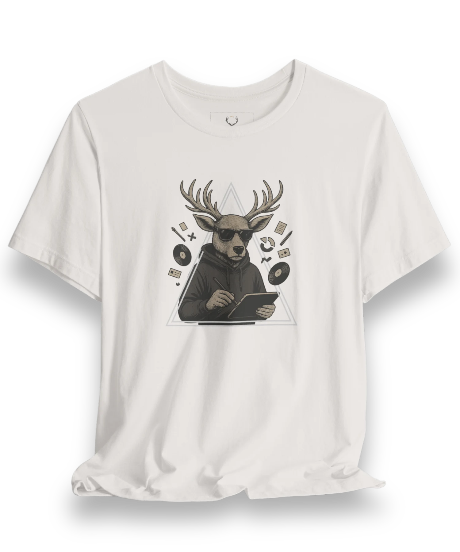 High-quality front view of the Designer Deer Graphic Tee featuring a creative deer artwork in a hoodie, designed for artists and urban streetwear fans.
