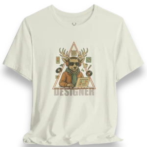 Designer Deer T-Shirt with EDM streetwear graphic featuring deer with headphones, sunglasses, and design tools in triangle frame.