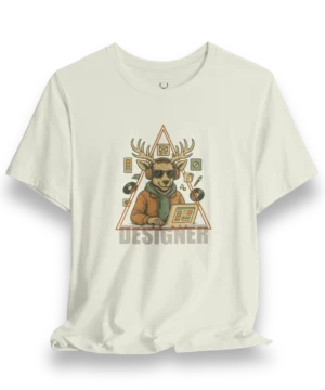 Designer Deer T-Shirt with EDM streetwear graphic featuring deer with headphones, sunglasses, and design tools in triangle frame.
