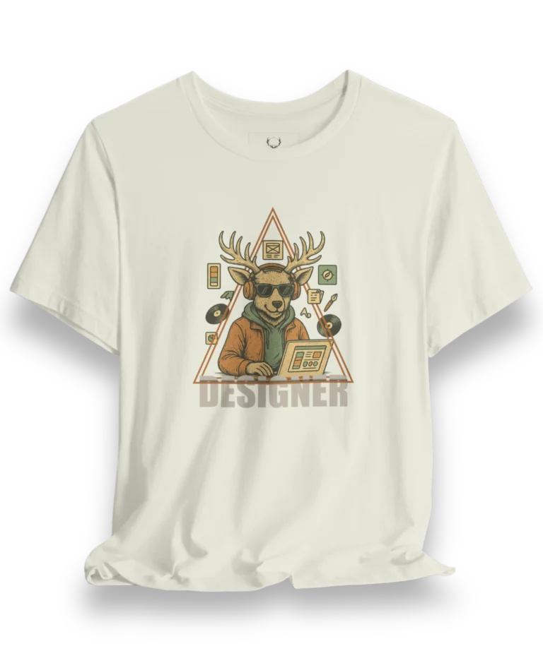 Designer Deer T-Shirt with EDM streetwear graphic featuring deer with headphones, sunglasses, and design tools in triangle frame.