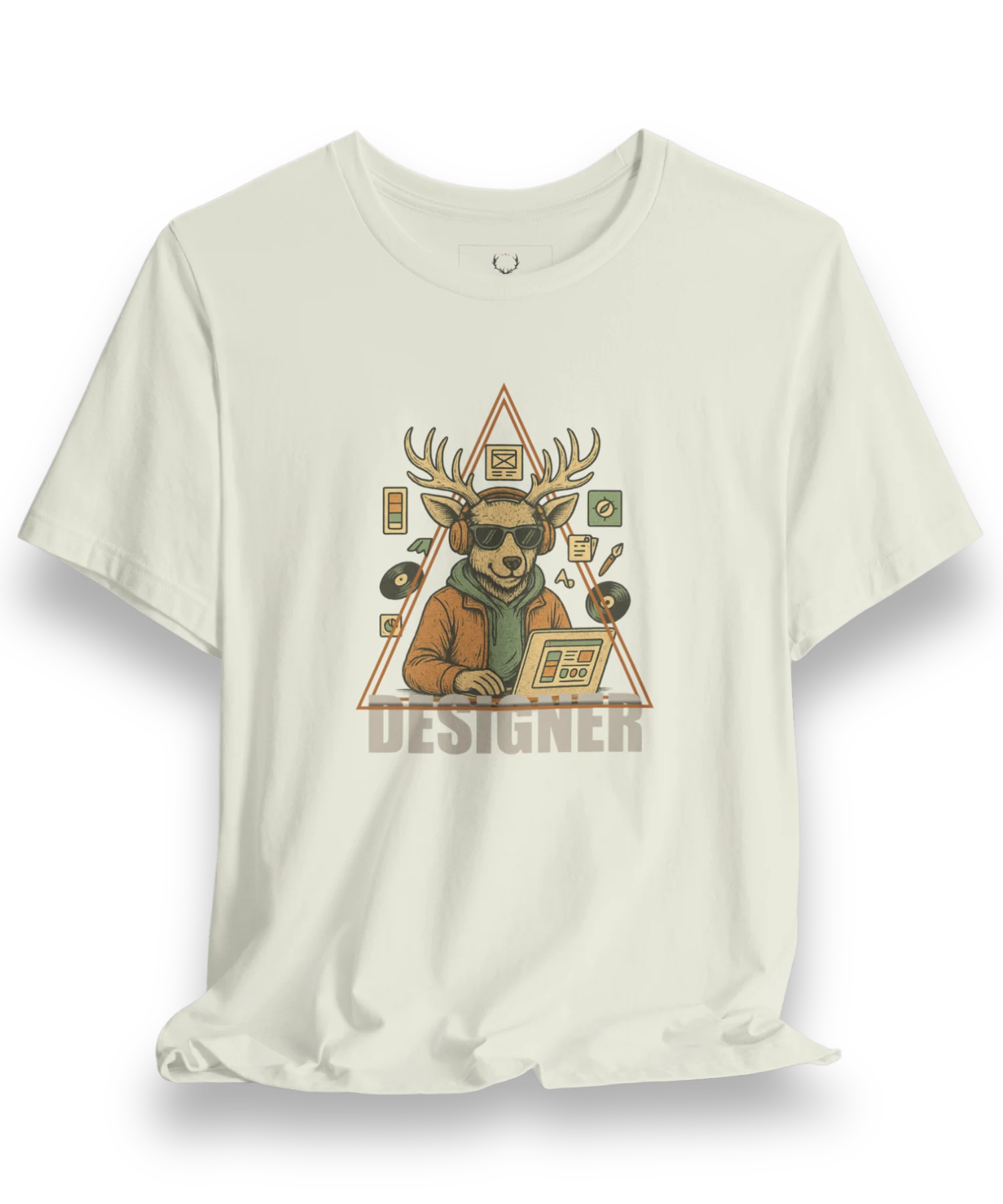 Designer Deer T-Shirt with EDM streetwear graphic featuring deer with headphones, sunglasses, and design tools in triangle frame.