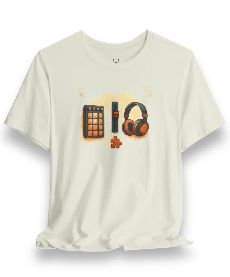 EDM Producer Graphic Tee featuring bold DJ gear icons, perfect streetwear for raves, festivals, and studio sessions.