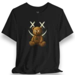 Gothic teddy bear t-shirt with X-eyes design for EDM festival outfits and dark streetwear fans.