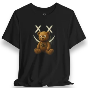 Gothic teddy bear t-shirt with X-eyes design for EDM festival outfits and dark streetwear fans.