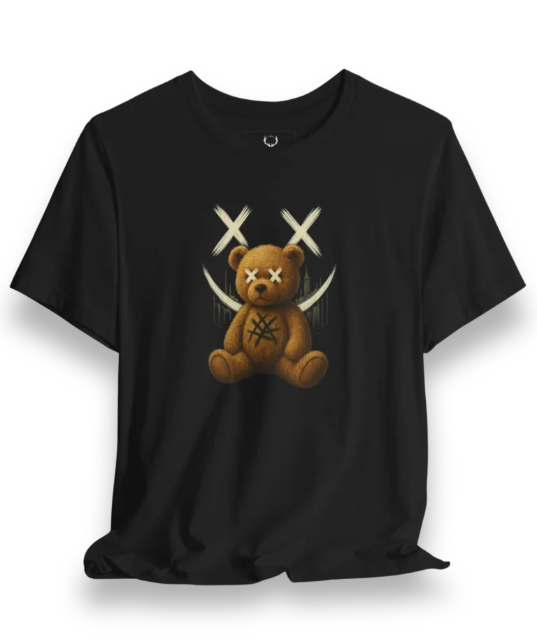 Gothic teddy bear t-shirt with X-eyes design for EDM festival outfits and dark streetwear fans.