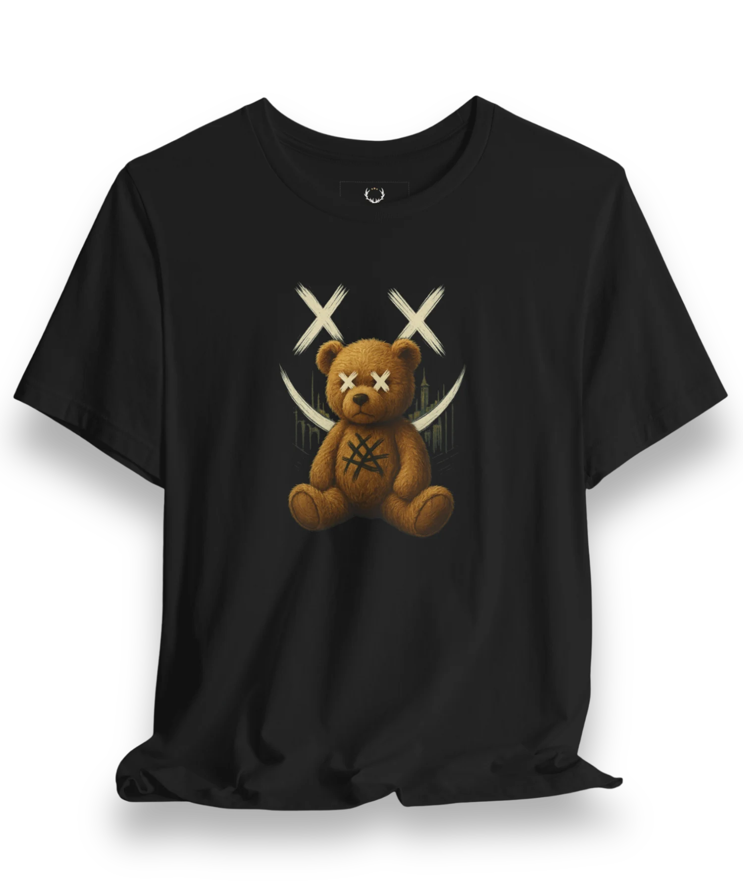 Gothic teddy bear t-shirt with X-eyes design for EDM festival outfits and dark streetwear fans.