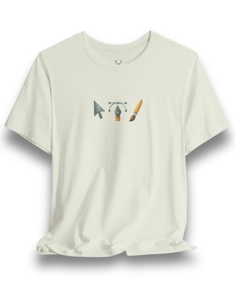 Minimal Graphic Designer T-Shirt with a centered trio of icons—the cursor, pen tool, and brush—printed crisp on soft cotton; a clean creative tools tee for UI/UX, illustrators, and digital artists who love vector workflows and modern design.
