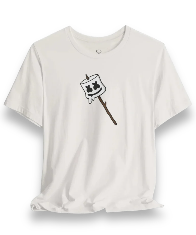 Marshmello Stick T-Shirt featuring EDM graphic design, festival clothing for rave and DJ fans in unisex streetwear style.