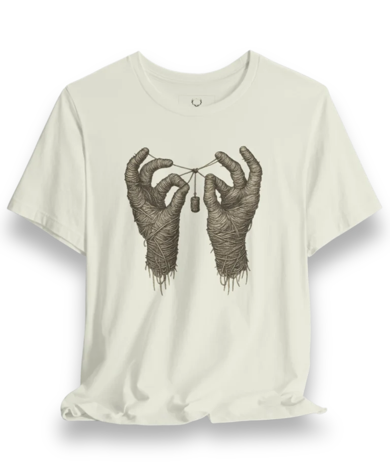 Mummy Hands EDM Festival T-Shirt in gothic streetwear design, perfect for DJs, ravers, and underground techno culture.