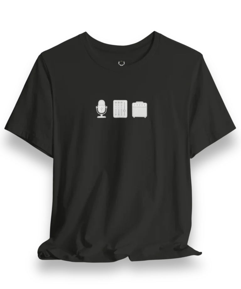 Music Producer Graphic Tee featuring microphone, mixer, and amp icons for EDM streetwear lovers Music Producer Graphic Tee