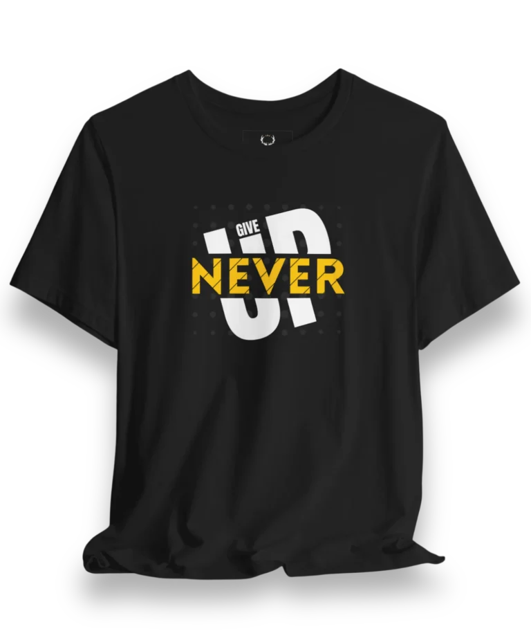 Bold motivational streetwear Never Give Up T-Shirt in black with inspirational graphic design for fitness, gym, and casual style.