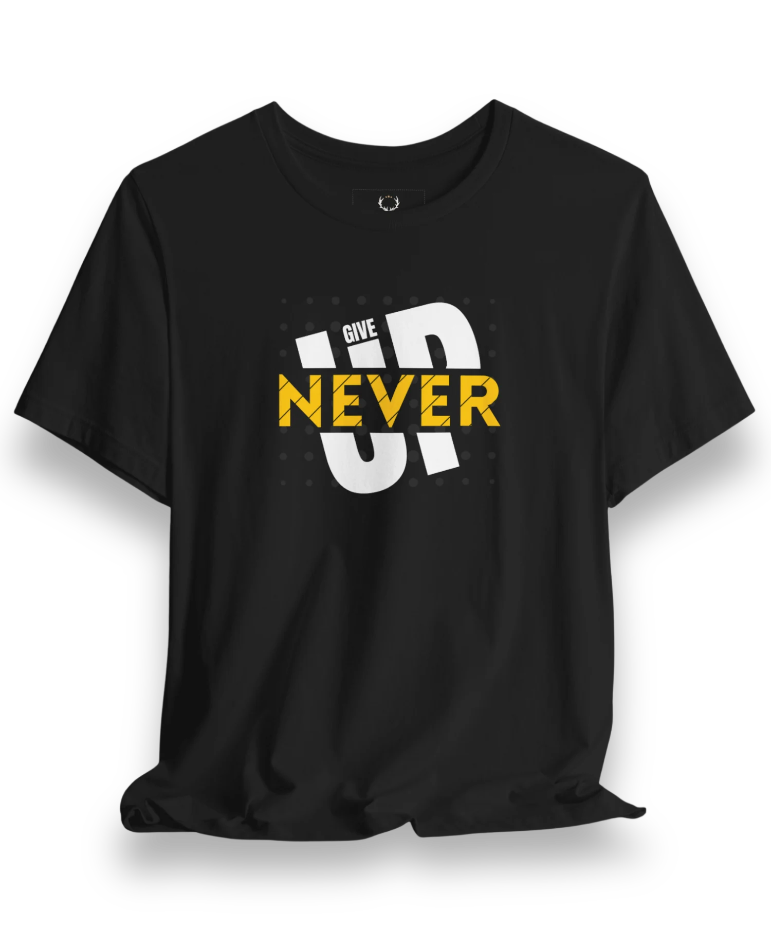 Bold motivational streetwear Never Give Up T-Shirt in black with inspirational graphic design for fitness, gym, and casual style.