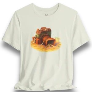 White Photographer T-Shirt with detailed retro camera design, perfect for photography lovers and creative professionals.