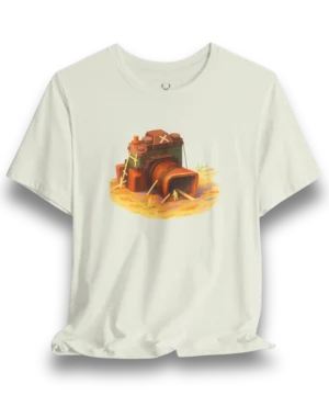 White Photographer T-Shirt with detailed retro camera design, perfect for photography lovers and creative professionals.