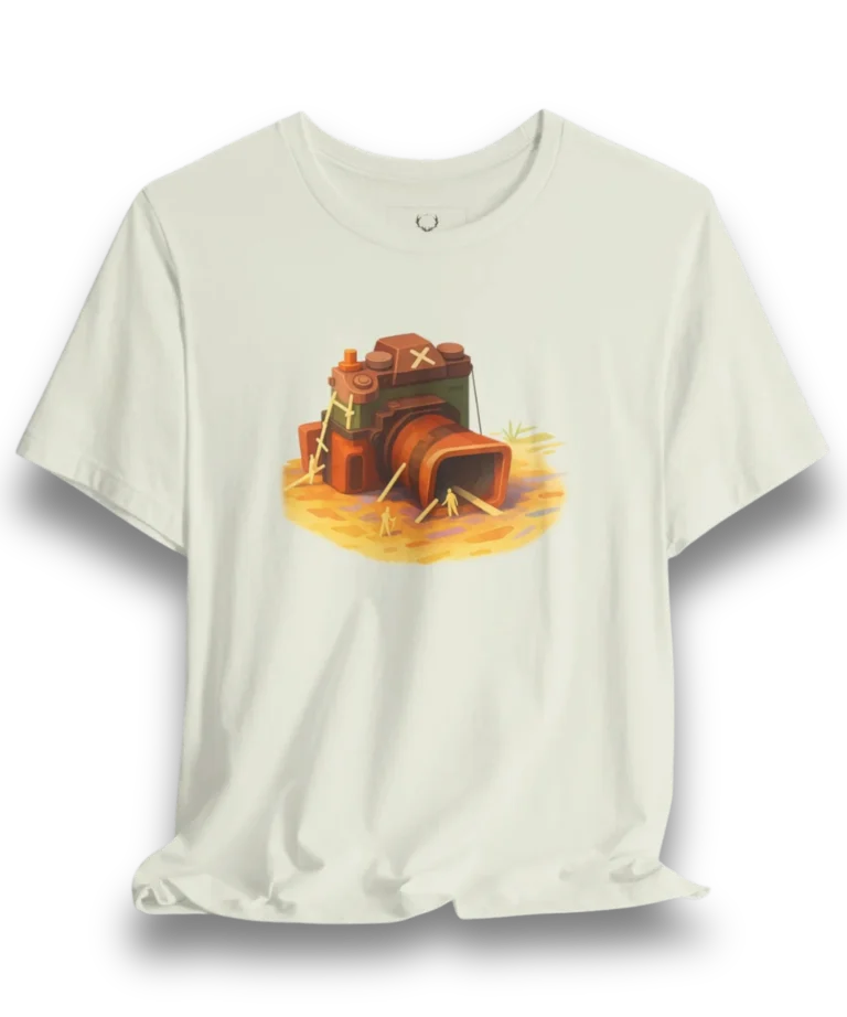 White Photographer T-Shirt with detailed retro camera design, perfect for photography lovers and creative professionals.