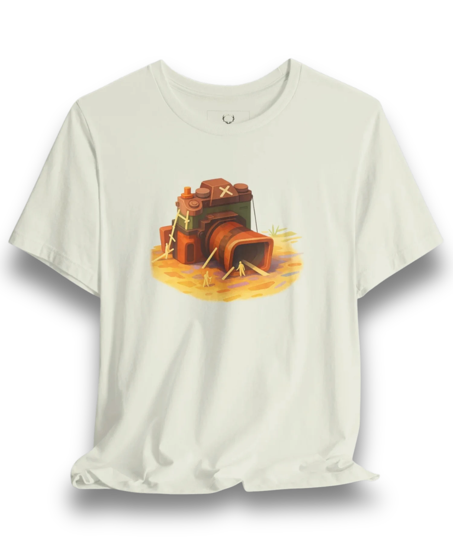 White Photographer T-Shirt with detailed retro camera design, perfect for photography lovers and creative professionals.