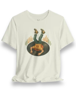 Vinyl Record EDM DJ Graphic Tee featuring retro record design and audio wave art, perfect streetwear for music producers and rave culture fans.