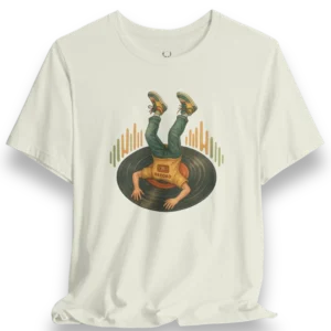 Vinyl Record EDM DJ Graphic Tee featuring retro record design and audio wave art, perfect streetwear for music producers and rave culture fans.