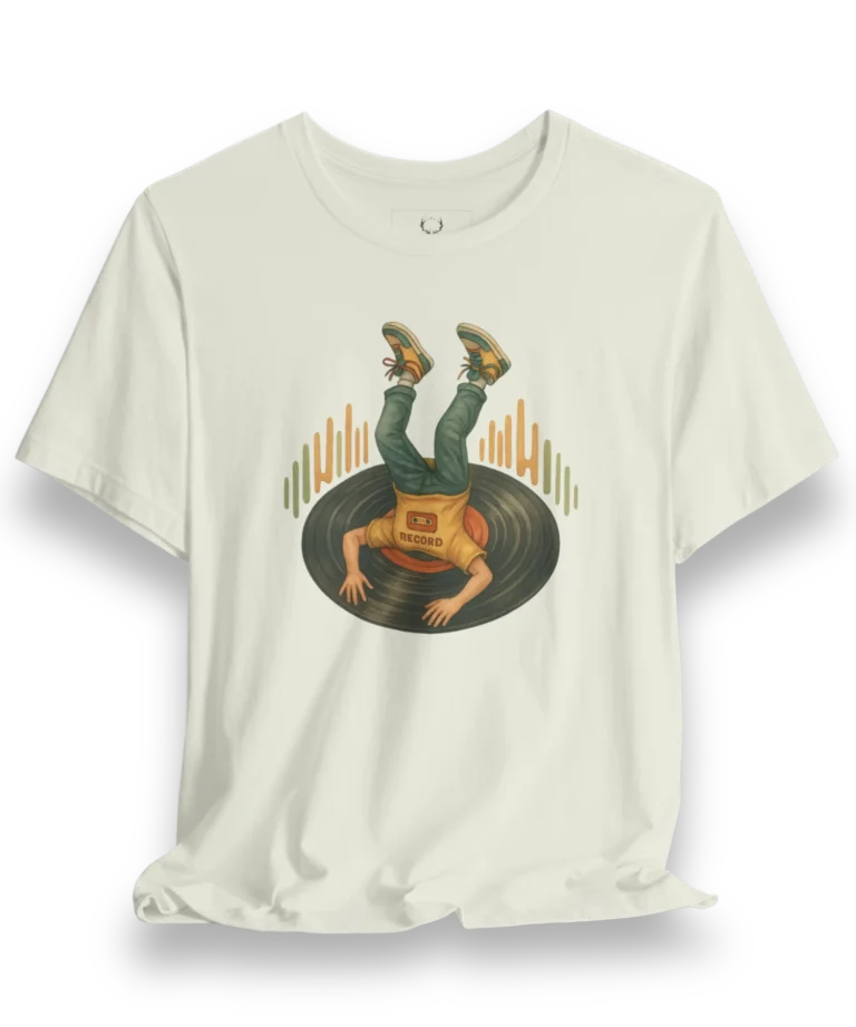 Vinyl Record EDM DJ Graphic Tee featuring retro record design and audio wave art, perfect streetwear for music producers and rave culture fans.