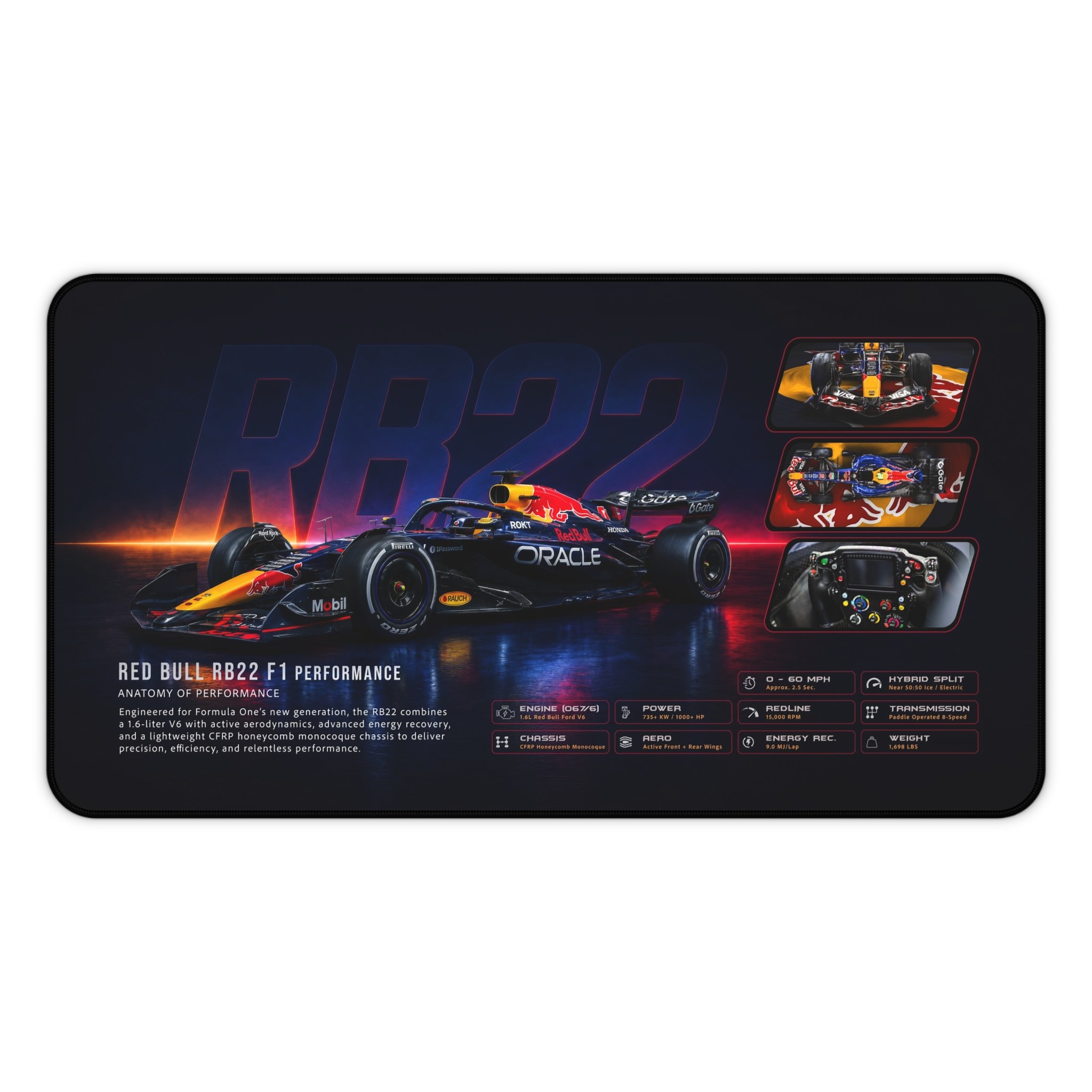 Red Bull RB22 Formula racing desk mat with dark blue race car artwork and aerodynamic details