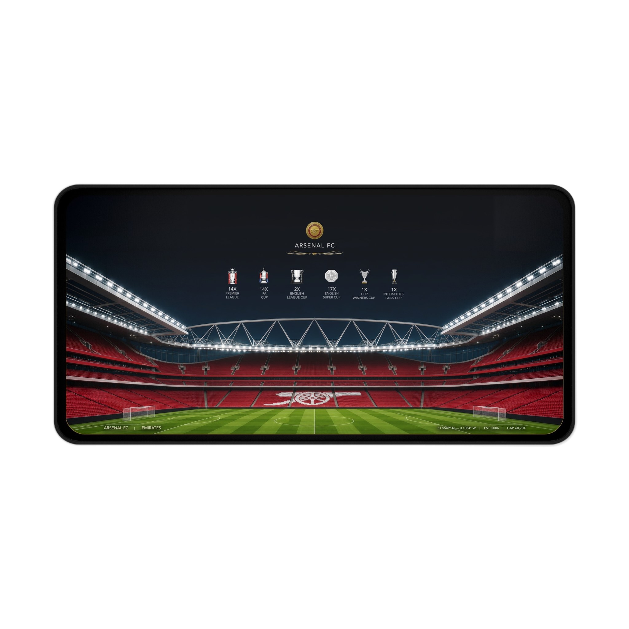 Emirates Stadium desk mat with an Arsenal trophies theme, made for football fans who want their club reflected in a work area