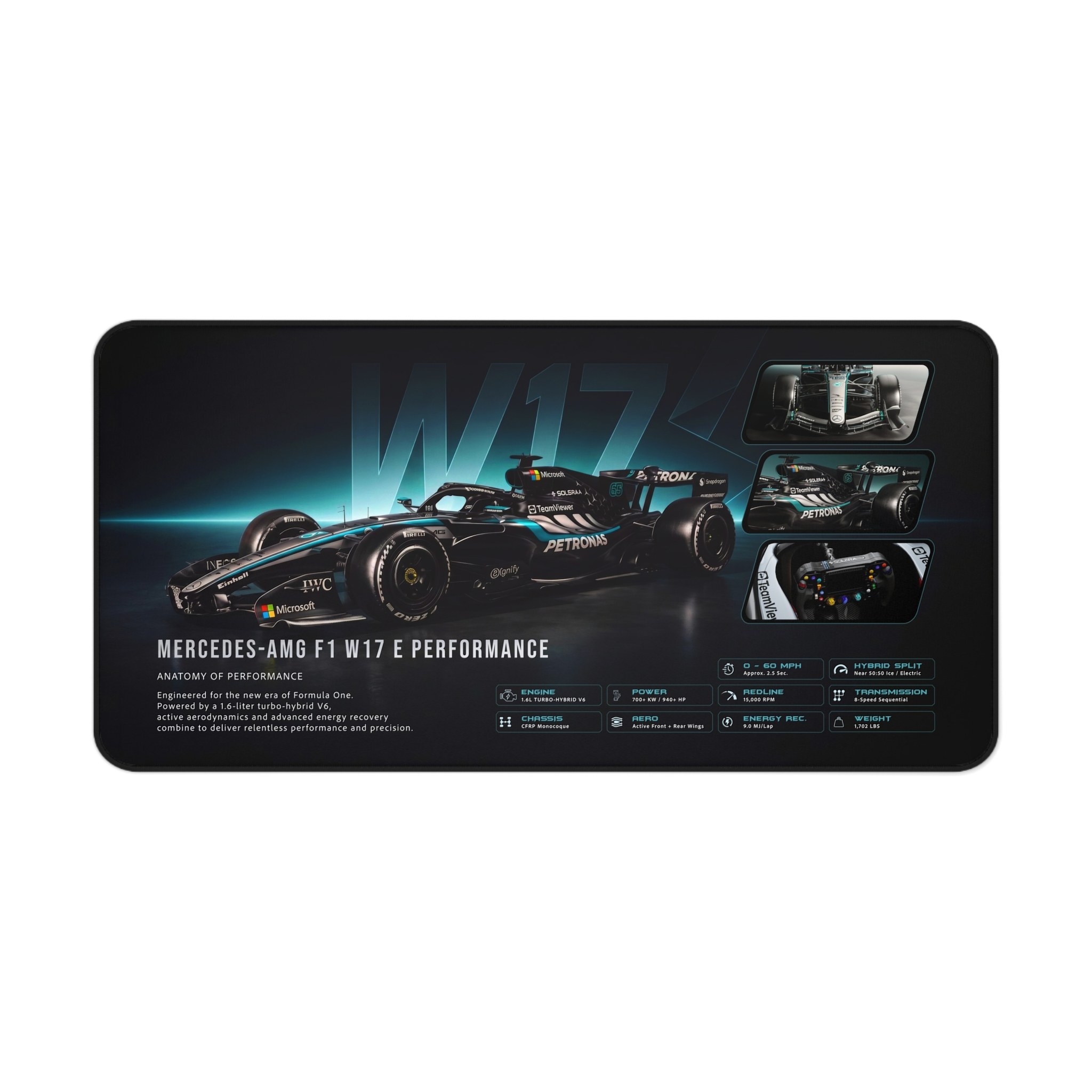 Mercedes-AMG PETRONAS desk mat with W17 racing car illustration, layered model lettering, and a technical art theme