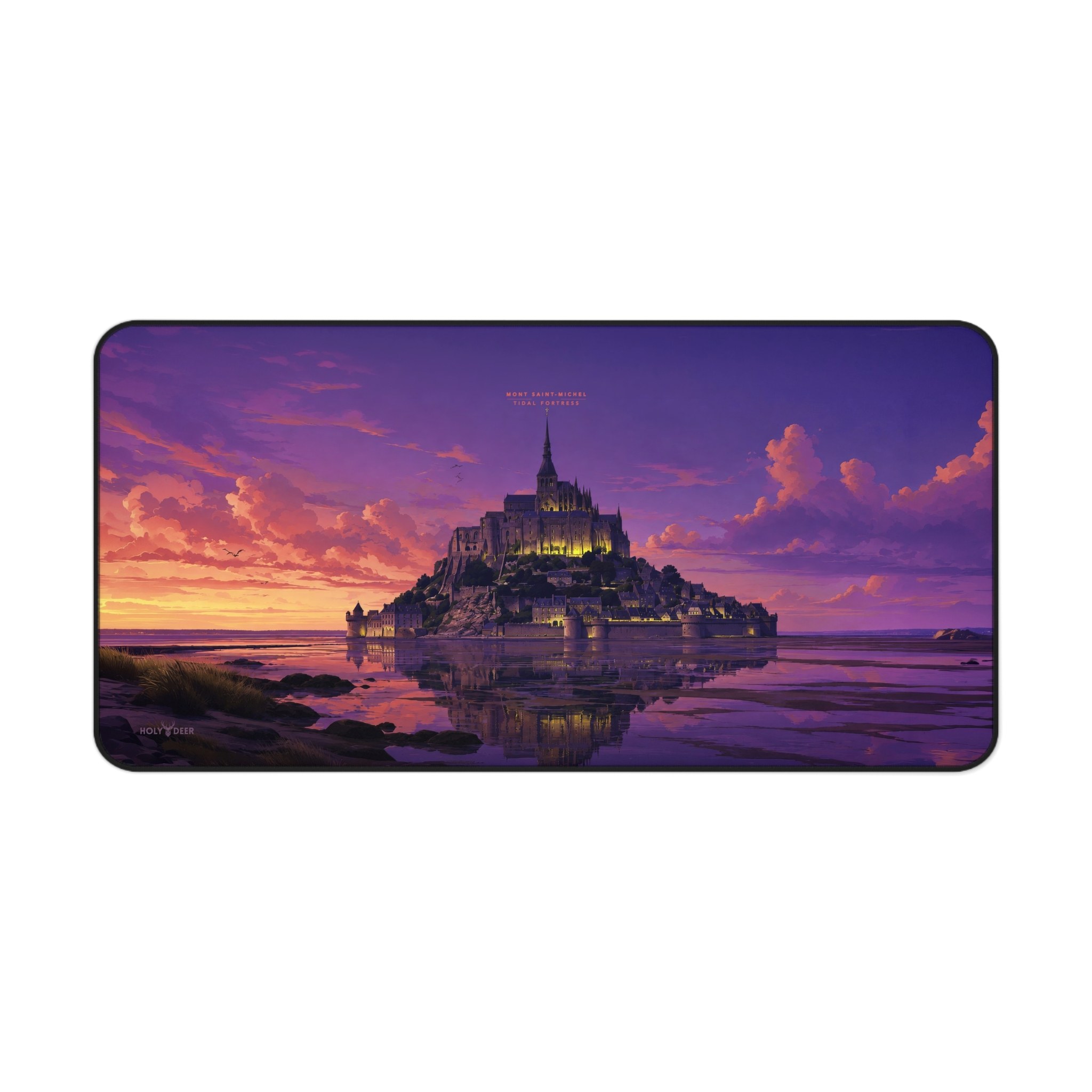 French landmark desk mat featuring Mont Saint-Michel and its abbey in an atmospheric illustrated sunset scene.