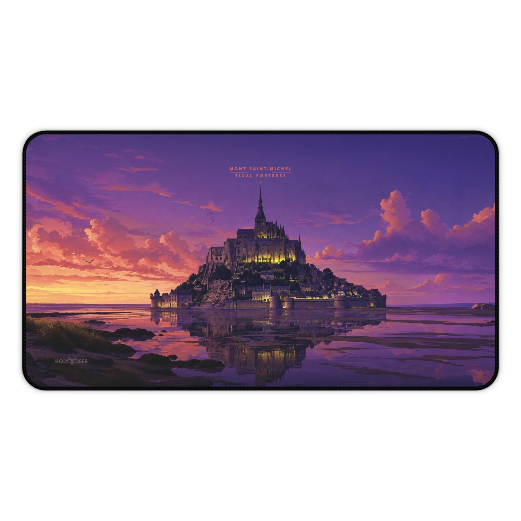 Mont Saint-Michel mouse pad with a sunset illustration of the French coastal landmark for a keyboard and mouse setup.