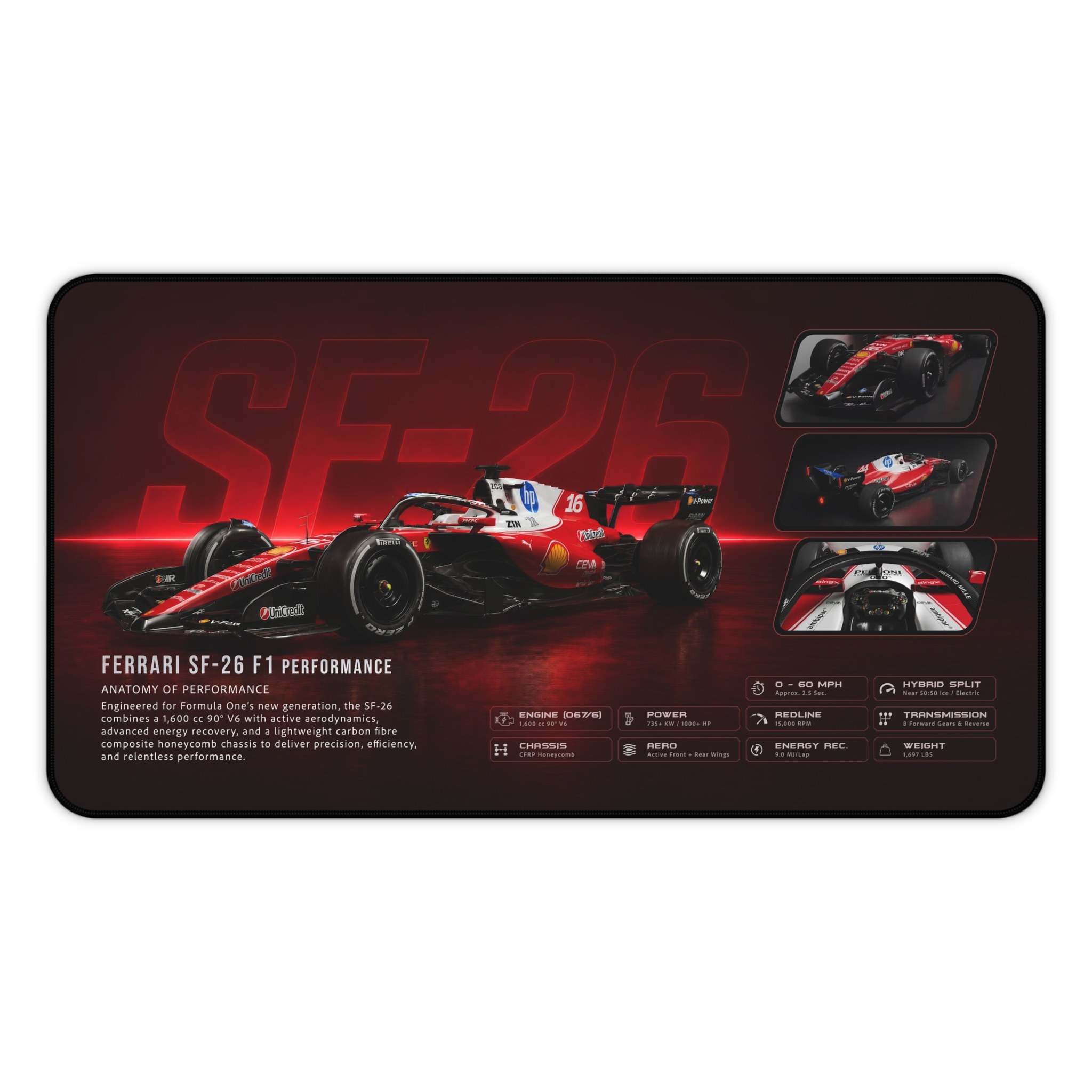 Ferrari SF-26 Formula racing desk mat with red race car artwork and aerodynamic bodywork details
