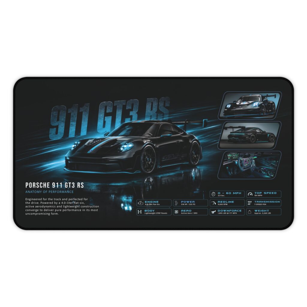 911 GT3 RS desk pad with black and blue automotive artwork for a Porsche enthusiast’s keyboard and mouse area