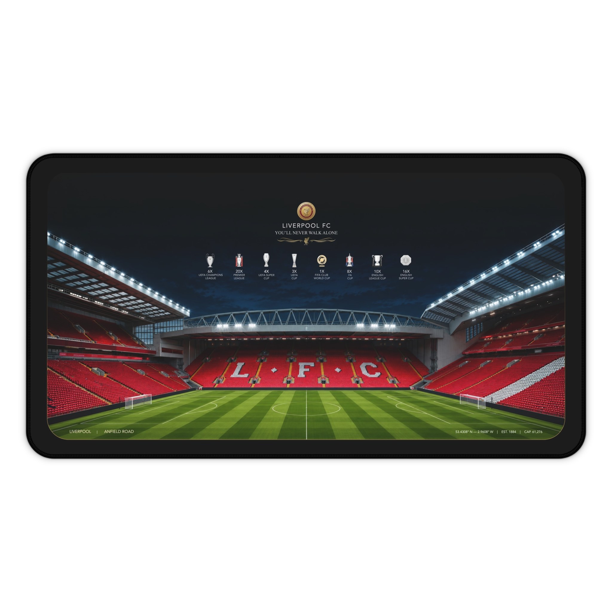 Liverpool stadium illustration and club trophies on a desk mat designed for fans who want football art in their setup