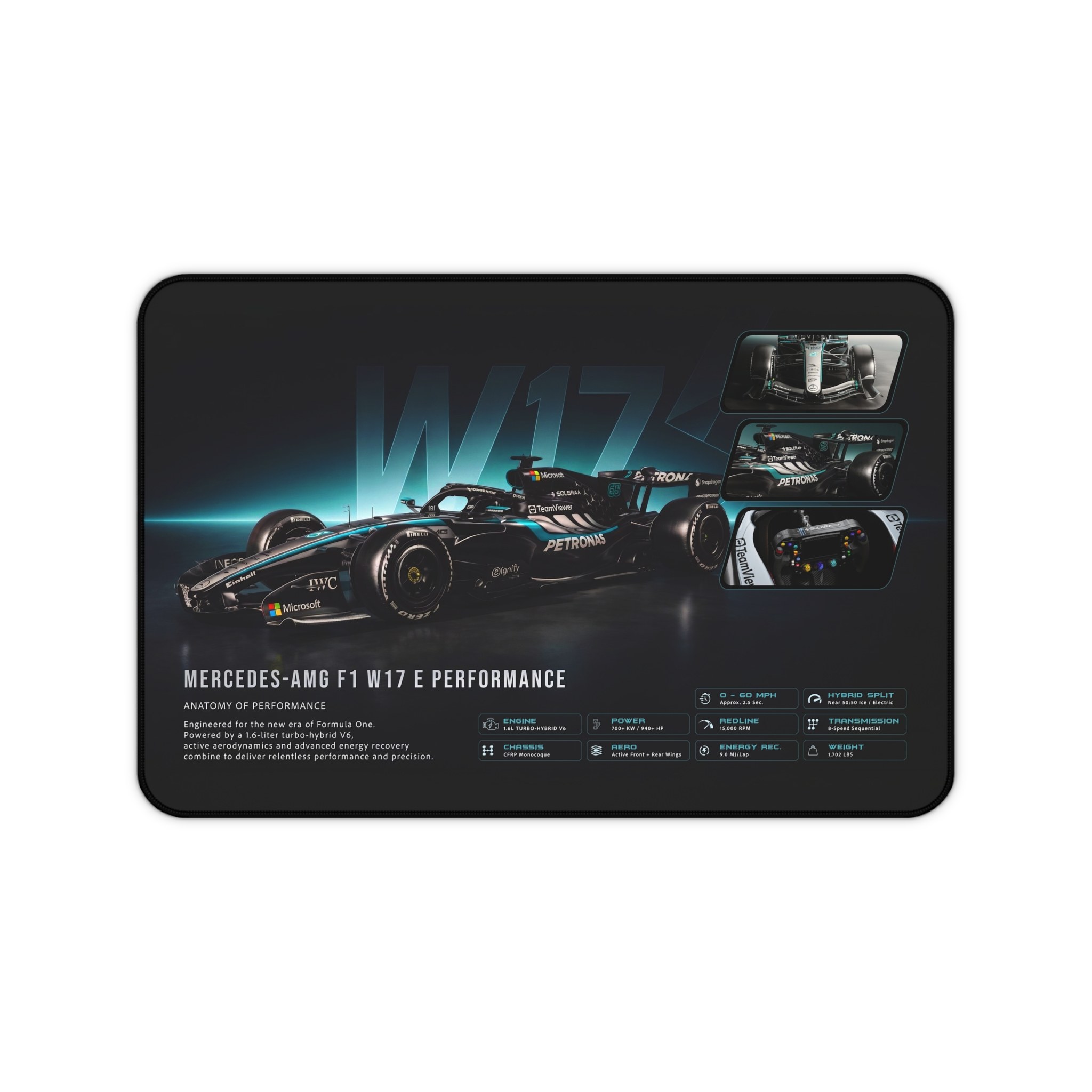 Mercedes-AMG F1 W17 desk mat with a black and turquoise race car, translucent W17 lettering, and technical detail panels
