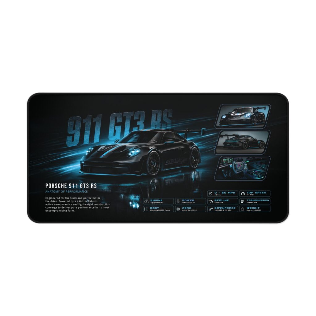 Porsche racing car desk mat featuring 911 GT3 RS artwork and a dark, track-inspired graphic theme for a desktop