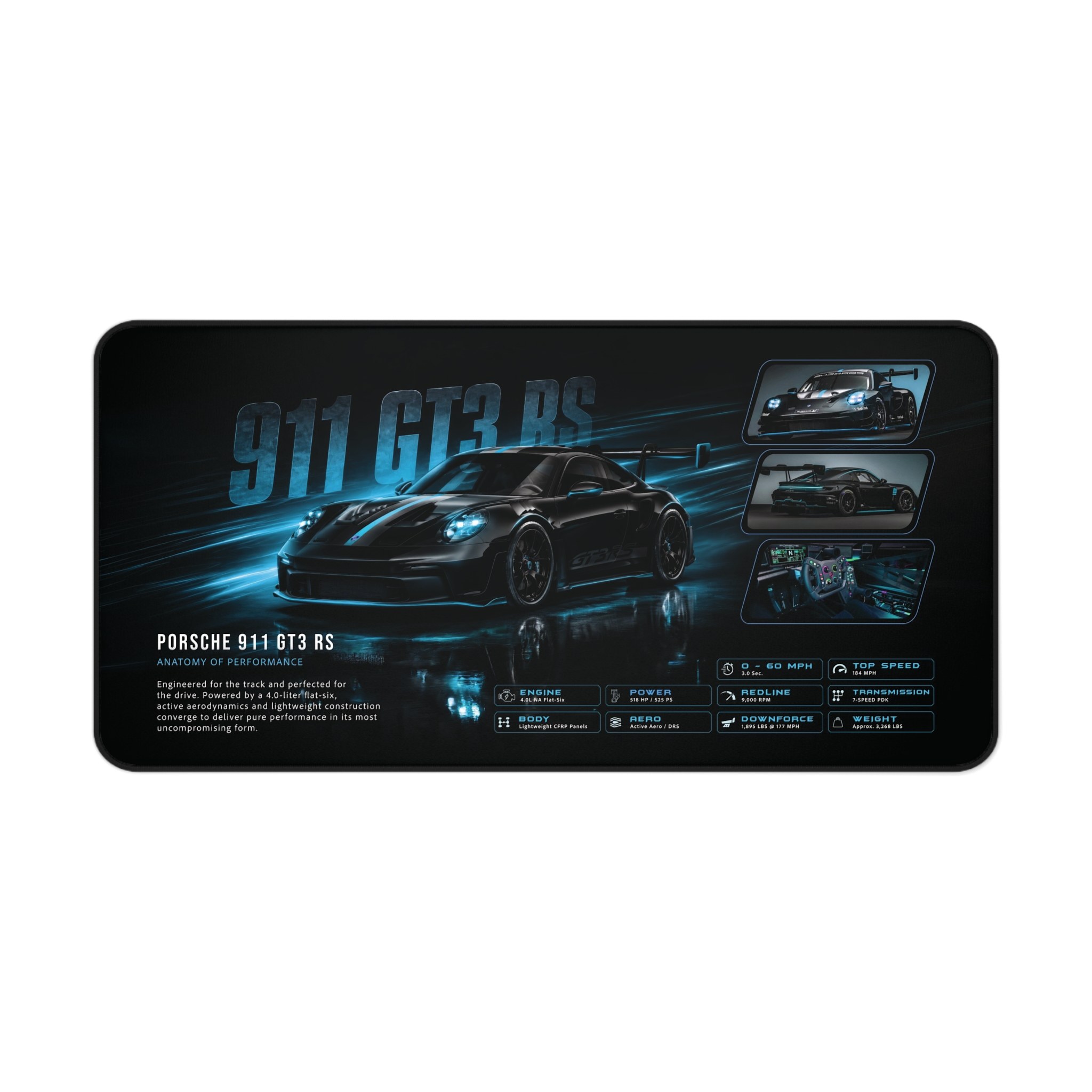 Porsche racing car desk mat featuring 911 GT3 RS artwork and a dark, track-inspired graphic theme for a desktop