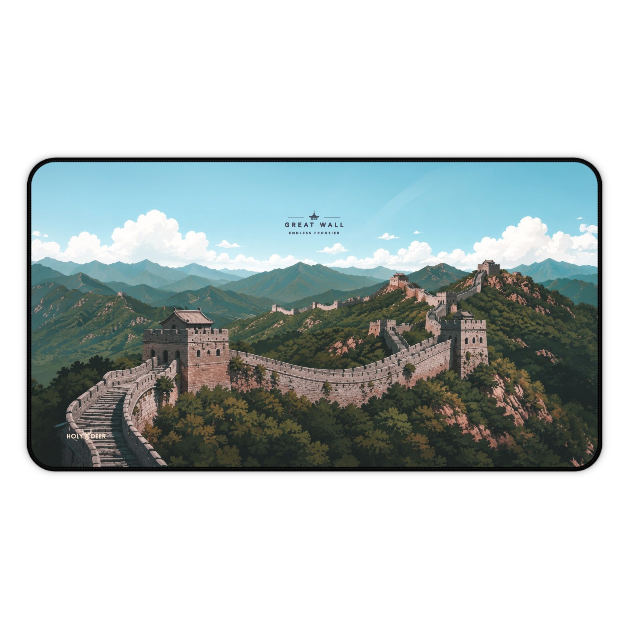 Great Wall of China desk mat featuring a panoramic landscape illustration for a keyboard and mouse workspace