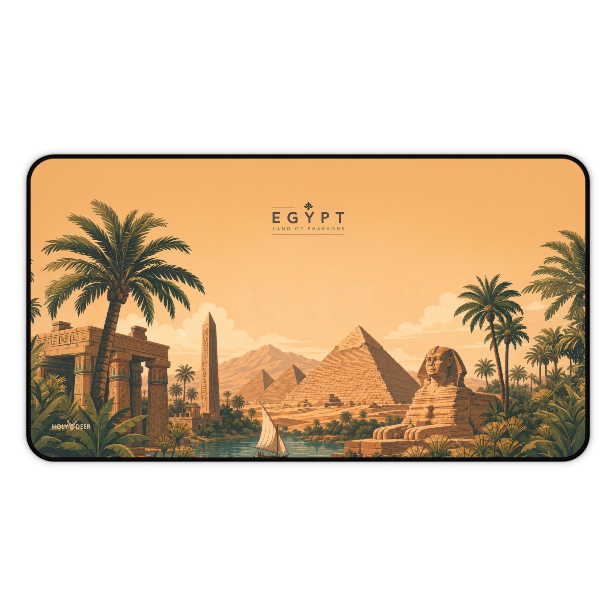 Egypt pyramids and Sphinx desk mat with illustrated landmarks and a river scene for a history-inspired workspace.