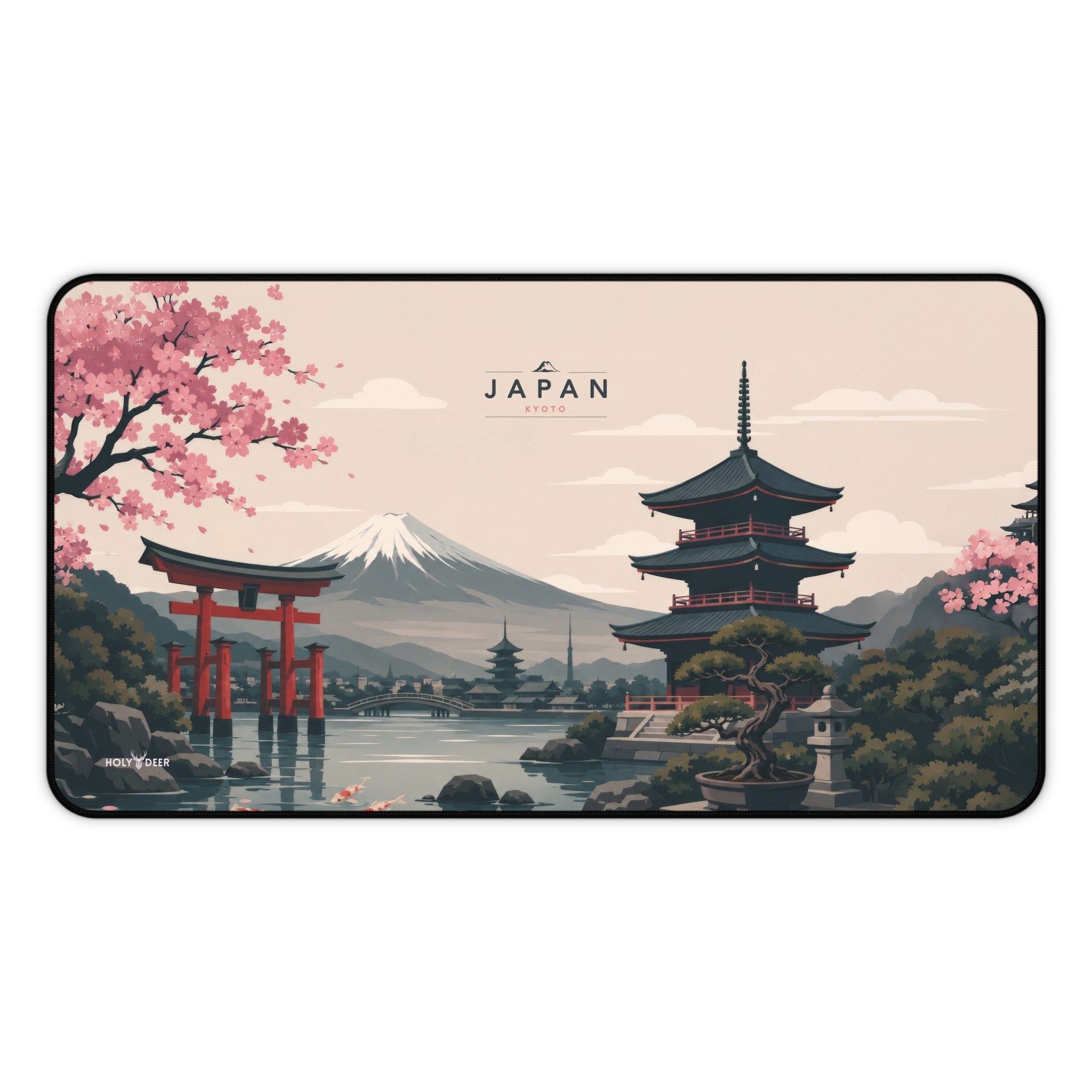 Japan landscape desk mat with an illustrated waterside scene of cherry blossoms, pagodas, torii gates, and koi