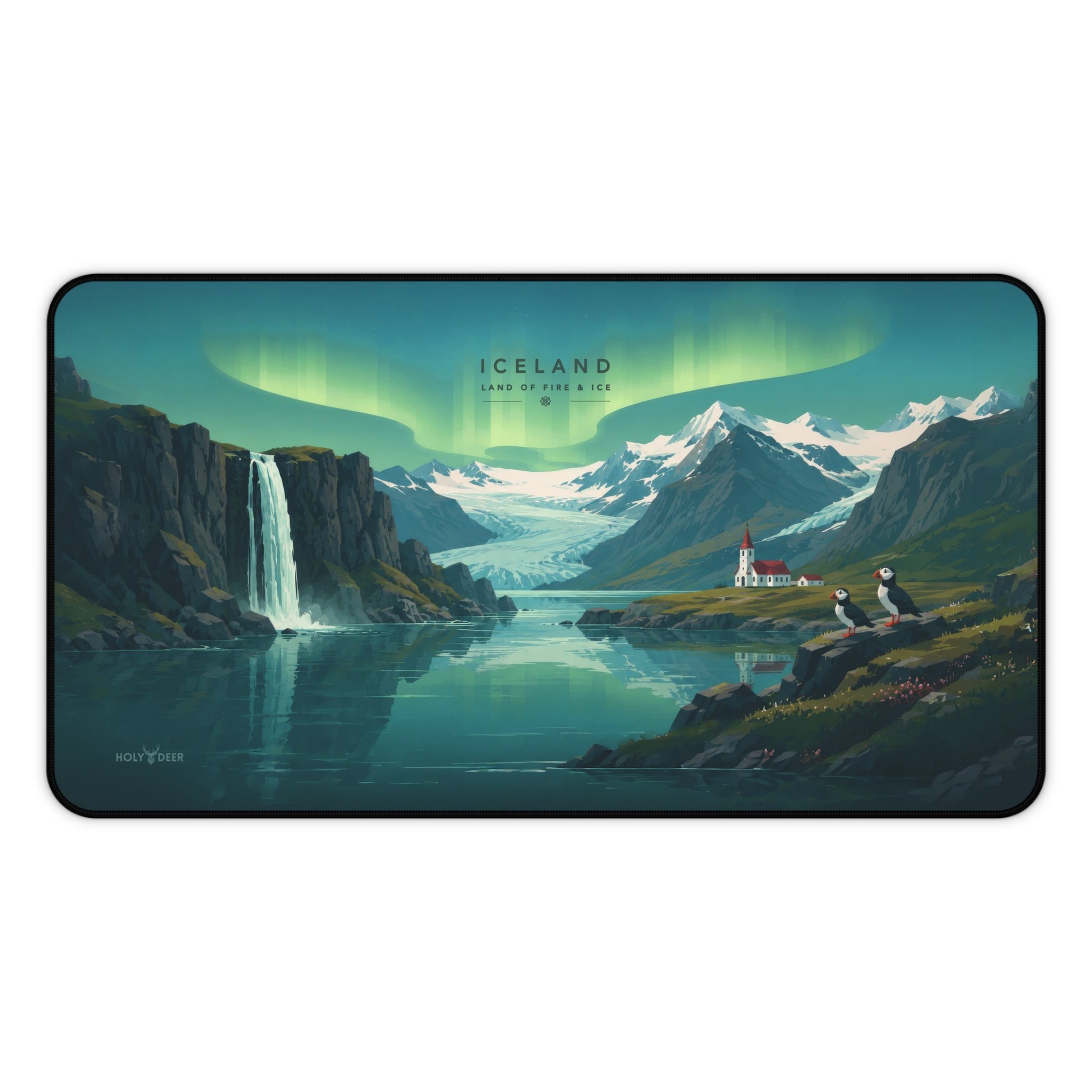 Iceland northern lights desk mat featuring an illustrated aurora, snowy mountain landscape, and waterfall for a scenic workspace