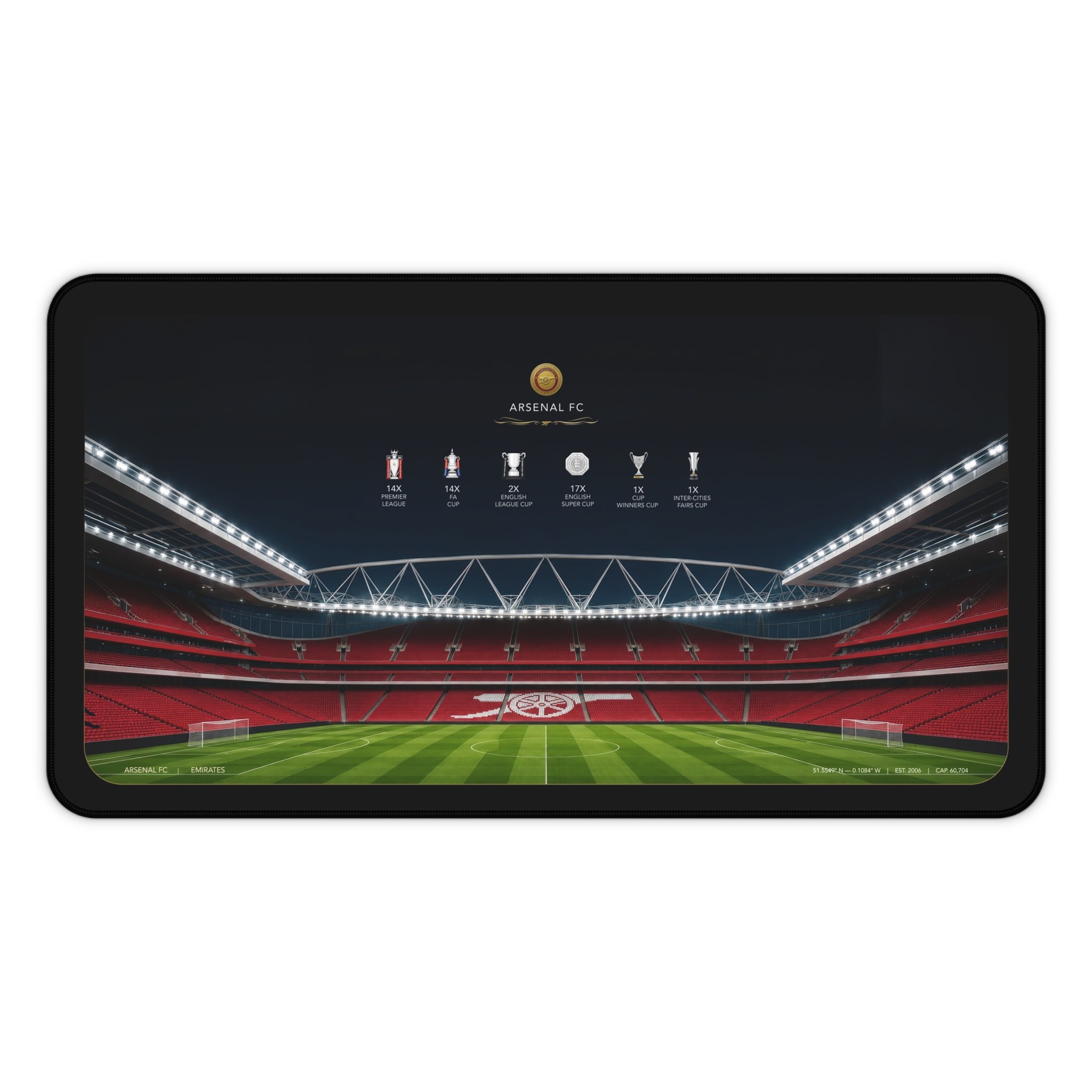 Gunners mat featuring the club's stadium and trophies theme for an Arsenal supporter who wants a more personal desk setup