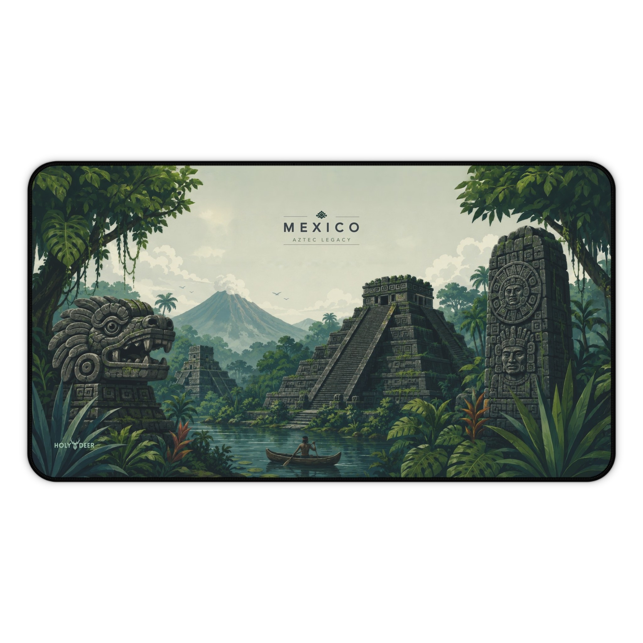 Mexico pyramid desk mat with an illustrated jungle ruins landscape in forest green, dark teal, and misty cream
