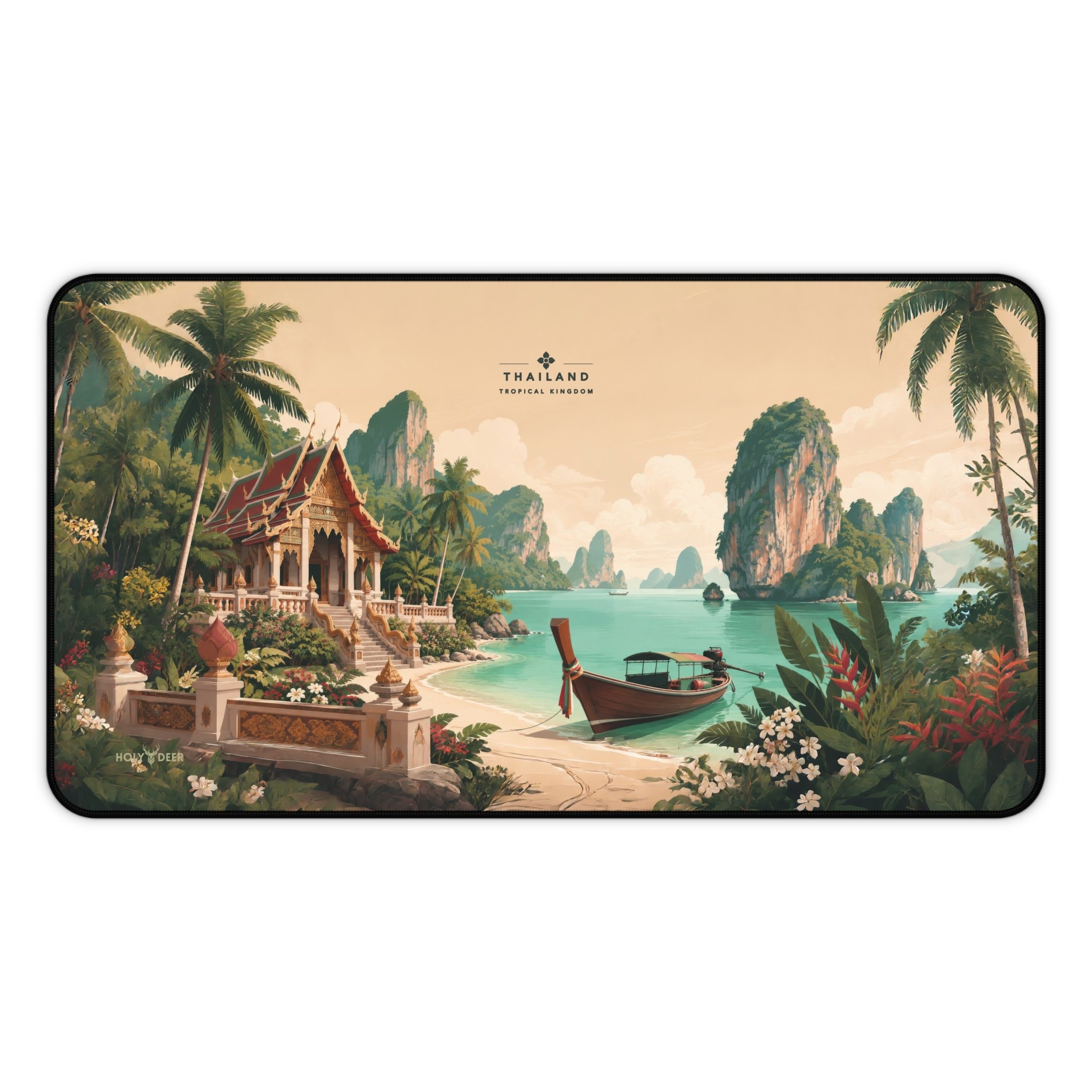 Thailand travel desk mat with a tropical coastal illustration of a Thai-style temple, longtail boat, palms, and limestone islands