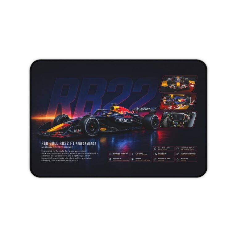 Red Bull RB22 F1 desk mat featuring a dark Formula racing car with red orange accents, cockpit details and performance graphics