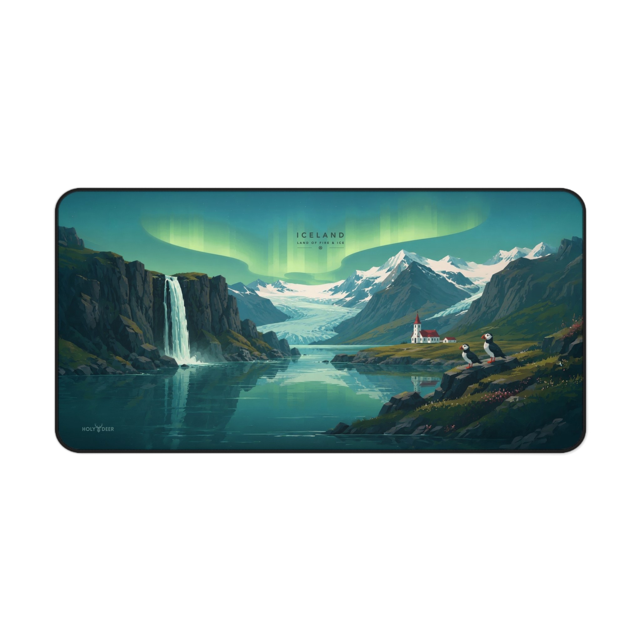Iceland landscape desk mat with a teal and emerald aurora, icy peaks, and travel-inspired scenery for a home office