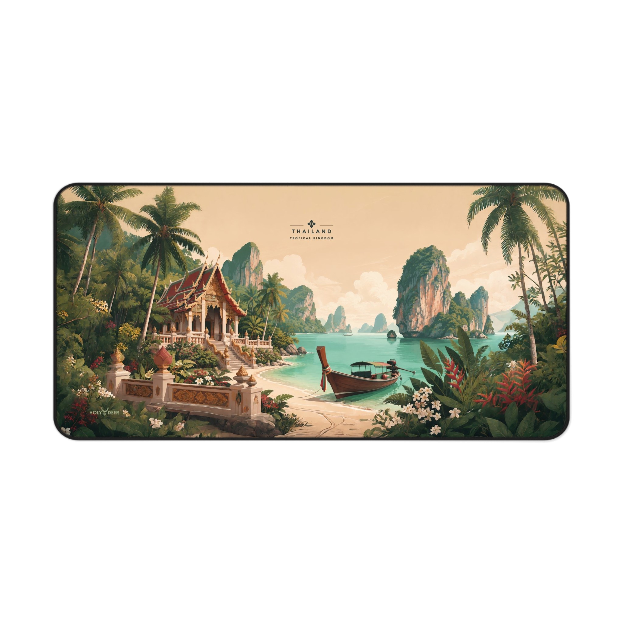 Thai temple desk mat featuring a beach landscape with turquoise water, a wooden longtail boat, palms, and distant limestone formations